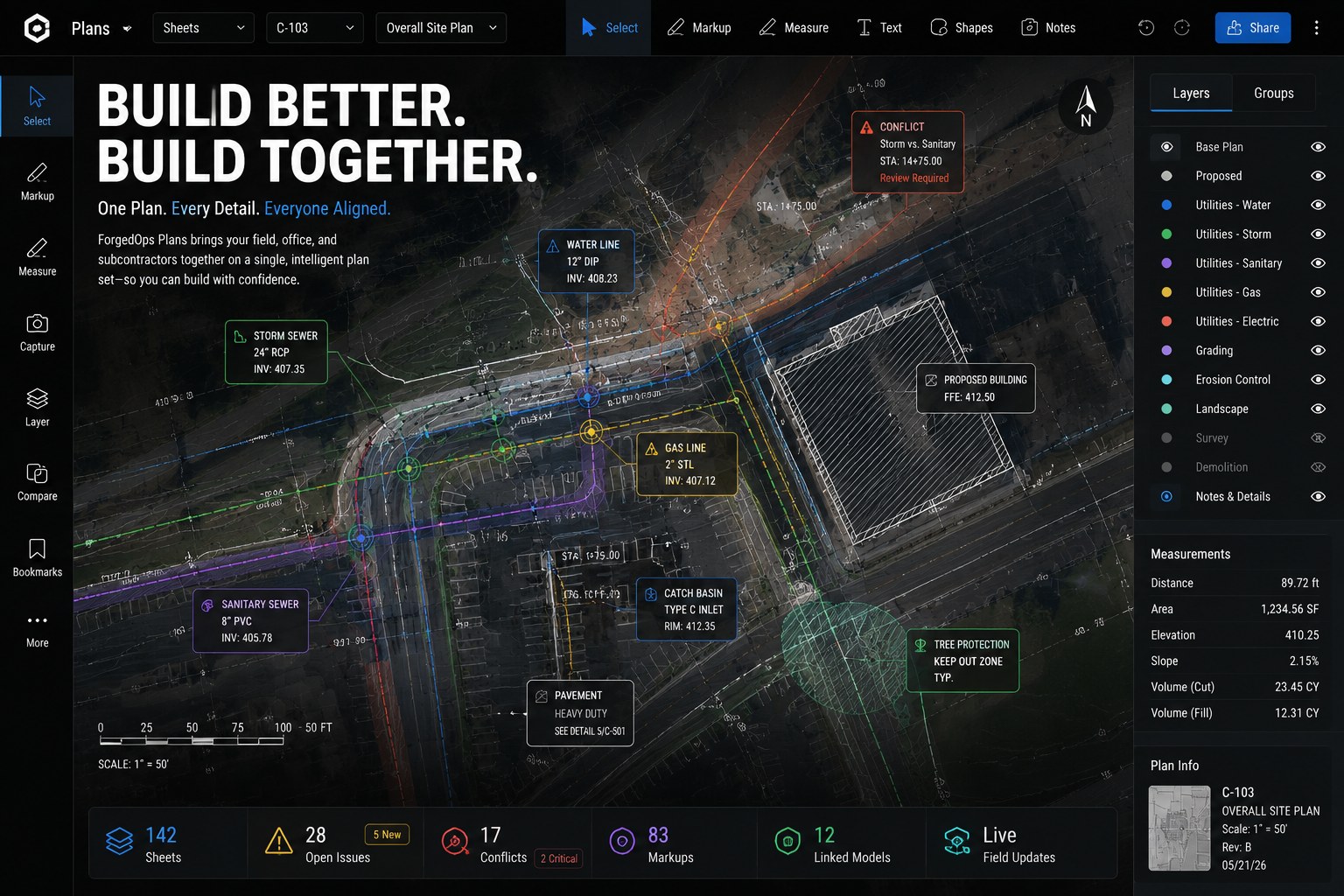 ForgedOps Plans — operational plan room with utility conflicts, layers, measurements